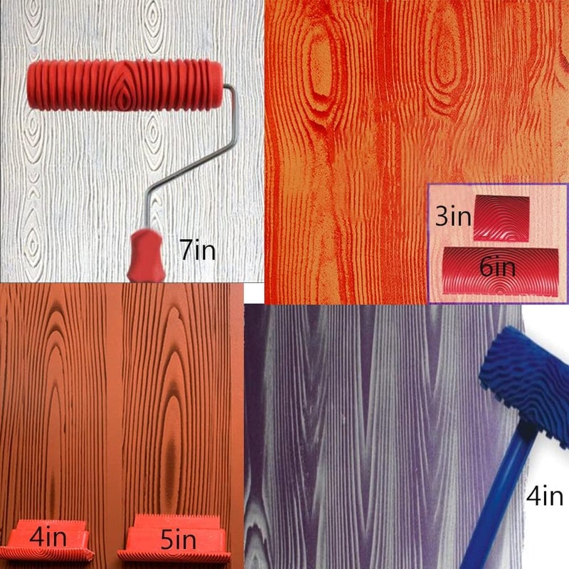 XDONEF Wood Graining Tool Set, 6pcs 7" Fake Wood Grain Roller Painting Tool with Handle DIY Rubber Graining Tool Paint Look Like Wood for Wall Room Art Paint Decoration - Image 2